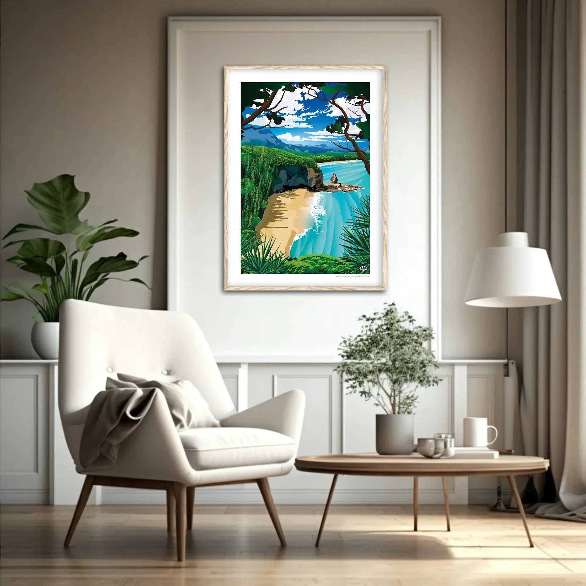 Affiche Nouvelle-Calédonie « Baie des Tortues », format 50×70 cm avec cadre en bois, décoration intérieure naturelle
