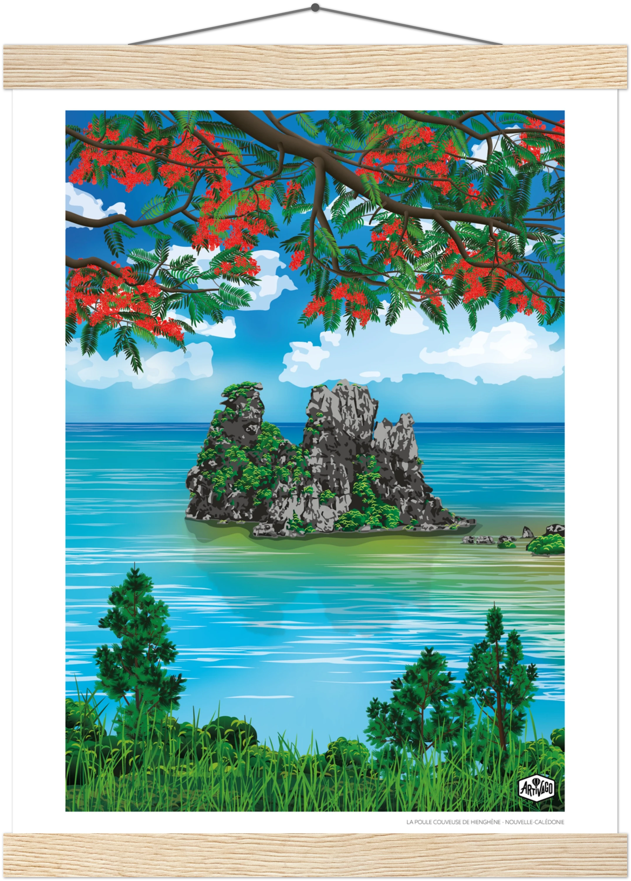 Affiche Nouvelle-Calédonie « La poule couveuse de Hienghène » – baguettes bois – format 30×40 cm