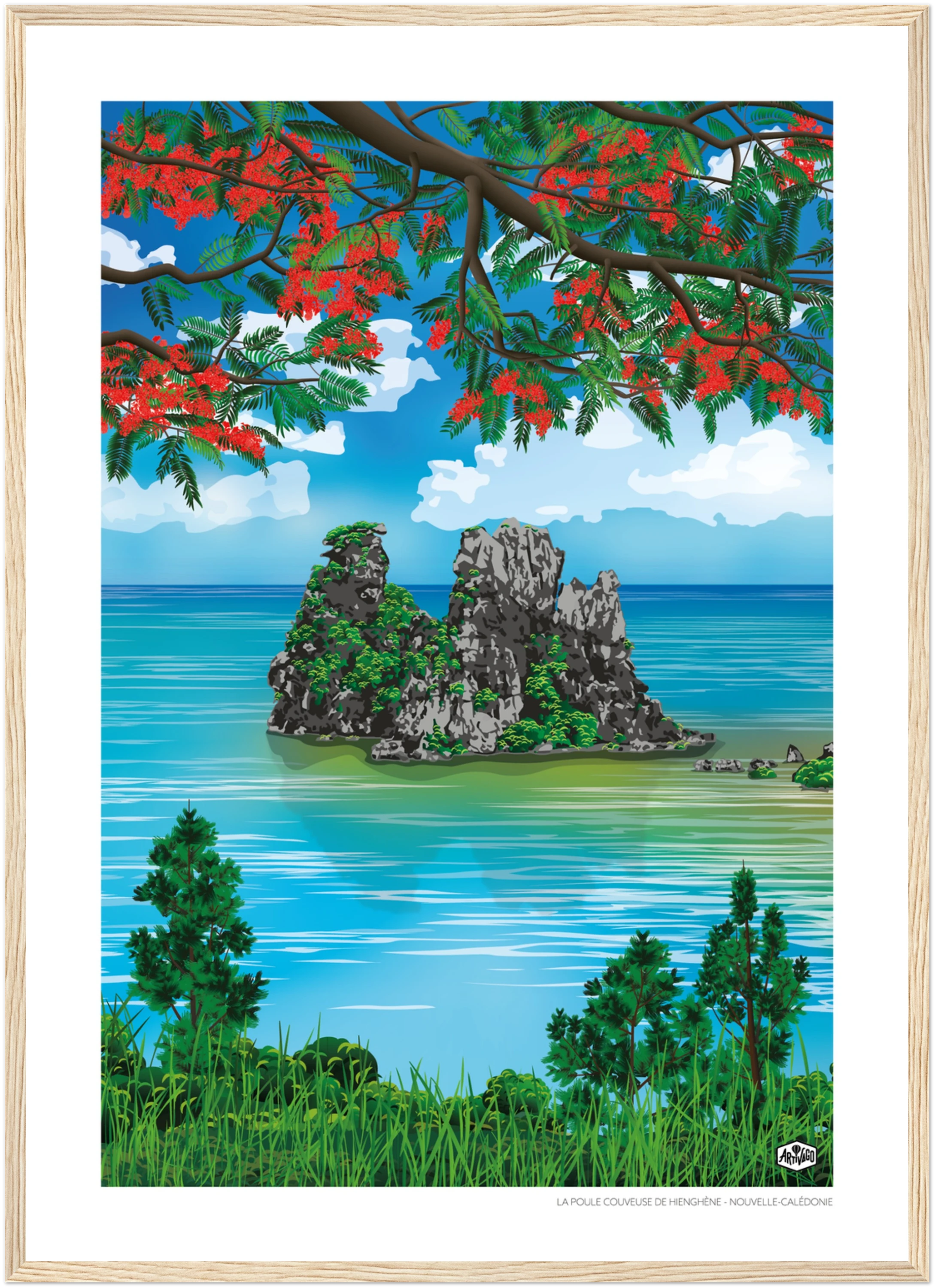 Affiche Nouvelle-Calédonie « La poule couveuse de Hienghène » format 50×70 cm avec cadre en bois naturel – vue produit sur fond neutre