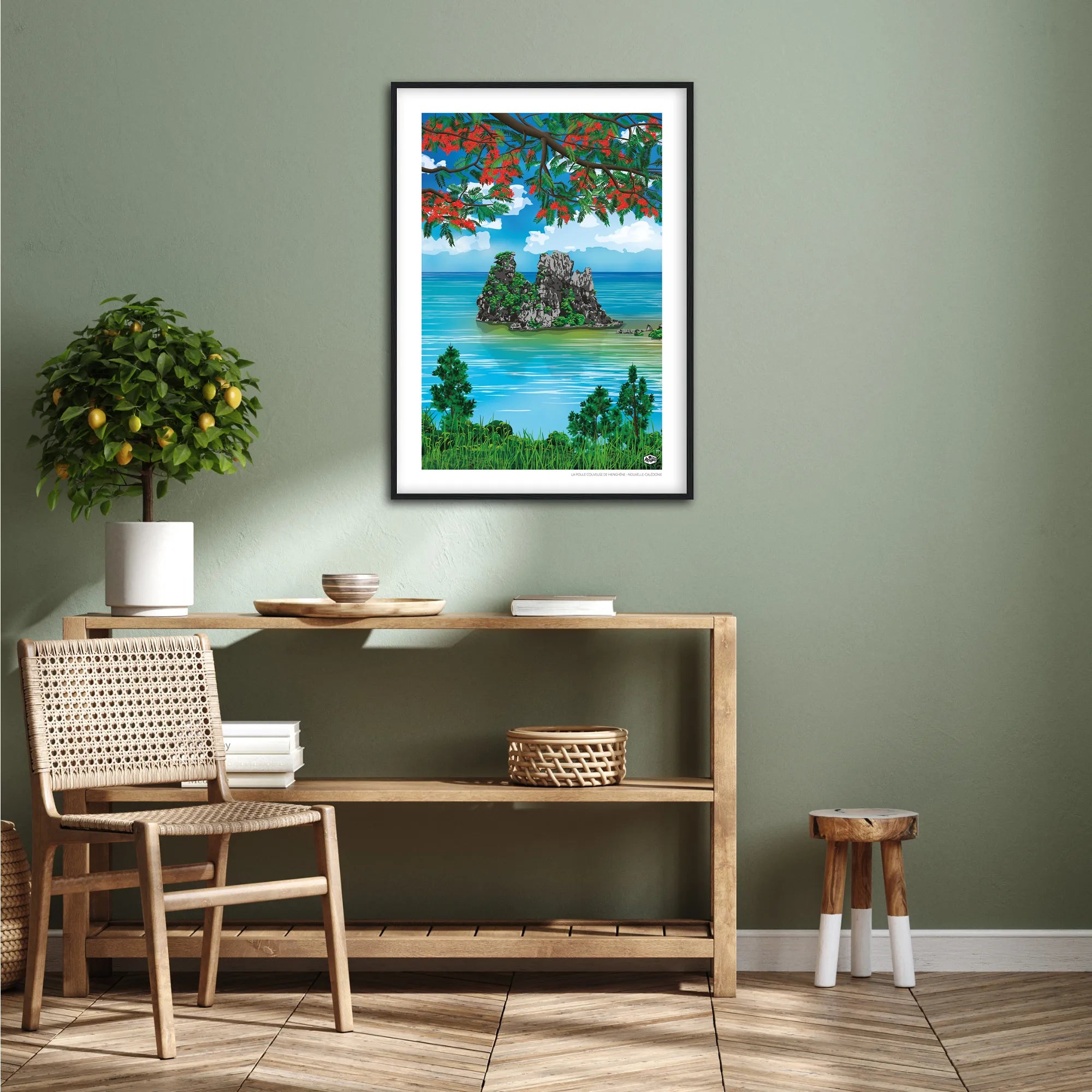 Affiche Nouvelle-Calédonie « La poule couveuse de Hienghène », format 50×70 cm avec cadre noir, décoration murale naturelle et contemporaine