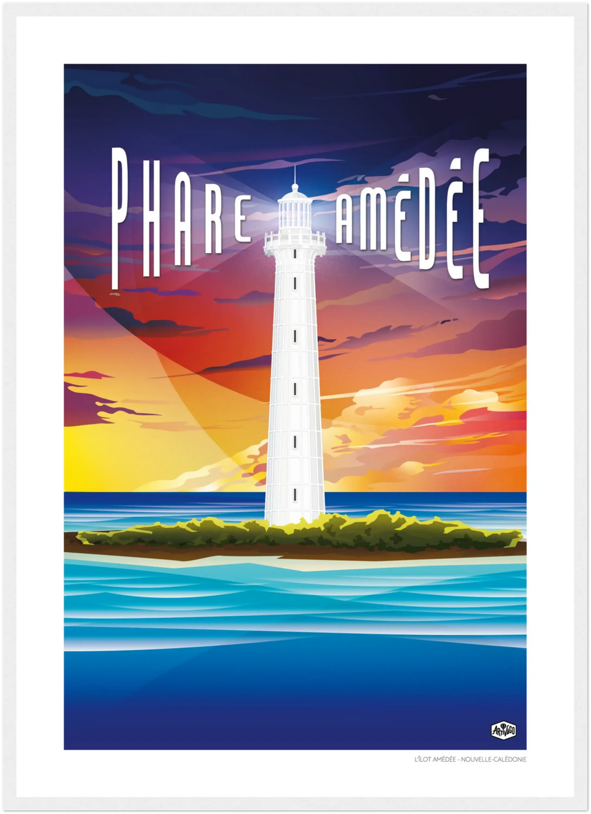 Affiche Nouvelle-Calédonie « Le phare Amédée » format 50×70 cm avec cadre blanc – vue produit sur fond neutre