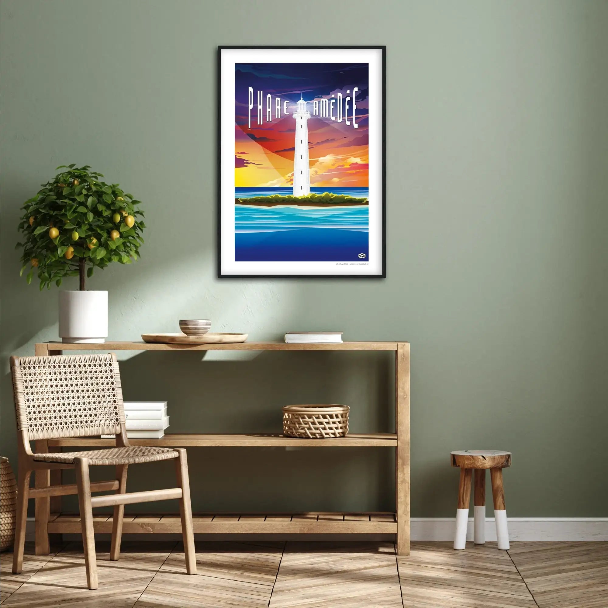 Affiche Nouvelle-Calédonie « Le phare Amédée », format 50×70 cm avec cadre noir, décoration murale naturelle et contemporaine