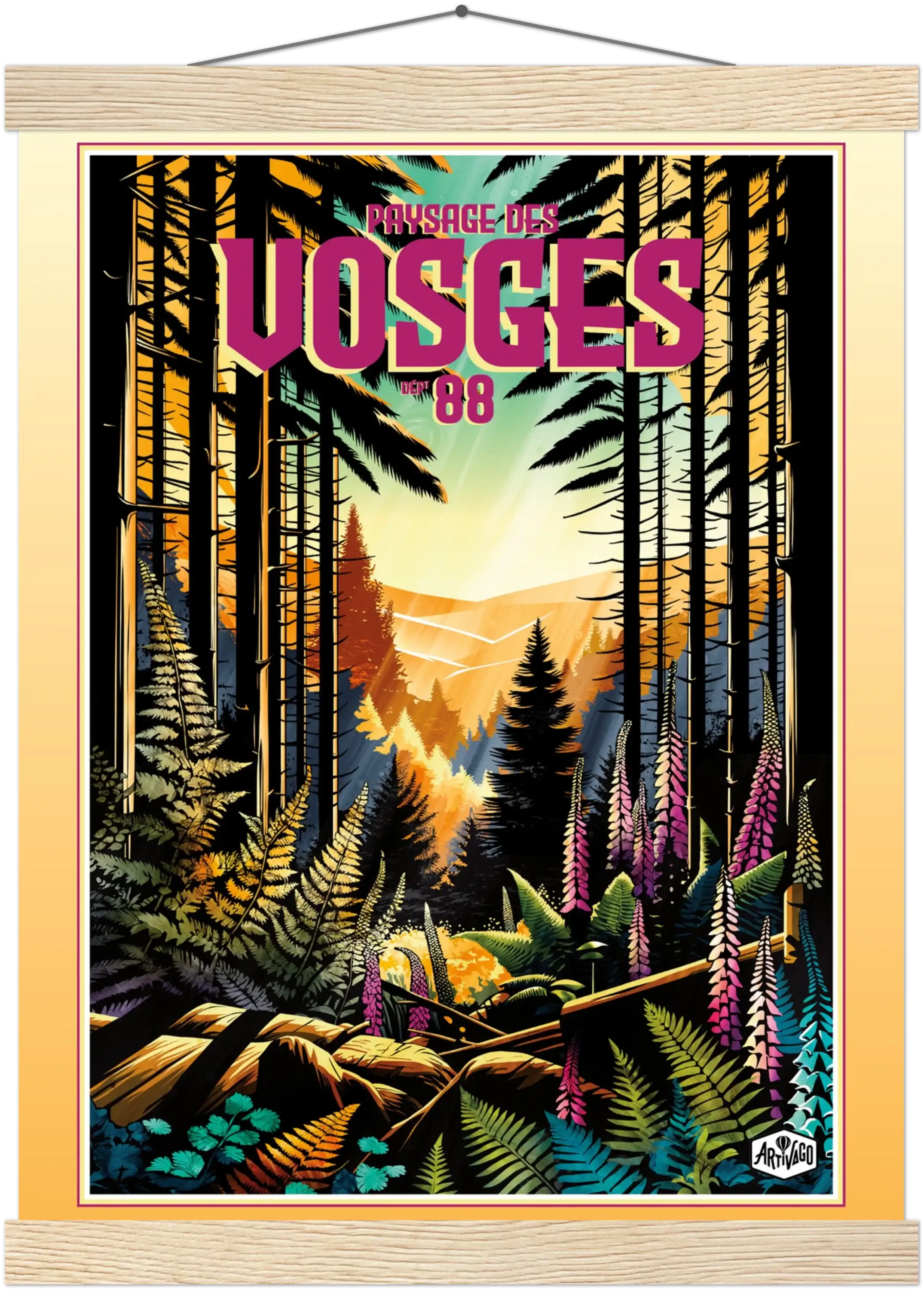 Affiche forêt des Vosges « Forêt en lumière » – baguettes bois – format 30×40 cm
