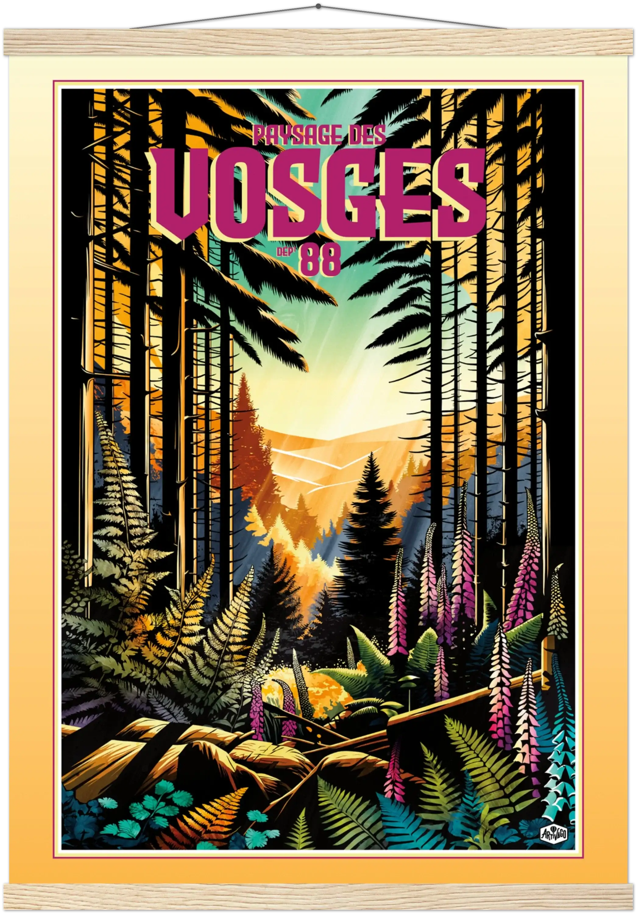 Affiche forêt des Vosges « Forêt en lumière » format 50×70 cm suspendue avec baguettes en bois – vue produit sur fond neutre