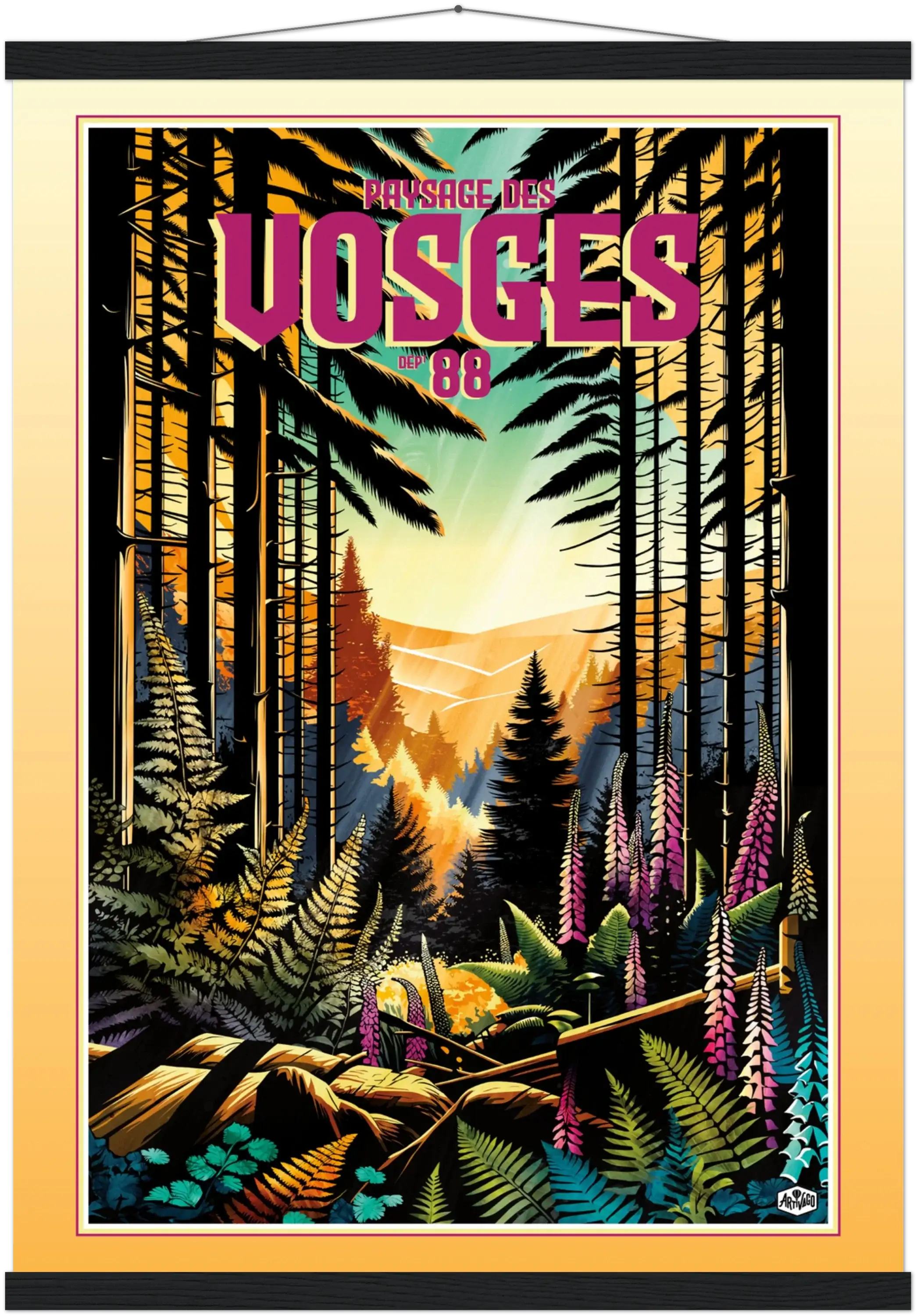 Affiche forêt des Vosges « Forêt en lumière » format 50×70 cm suspendue avec baguettes noires – vue produit sur fond neutre