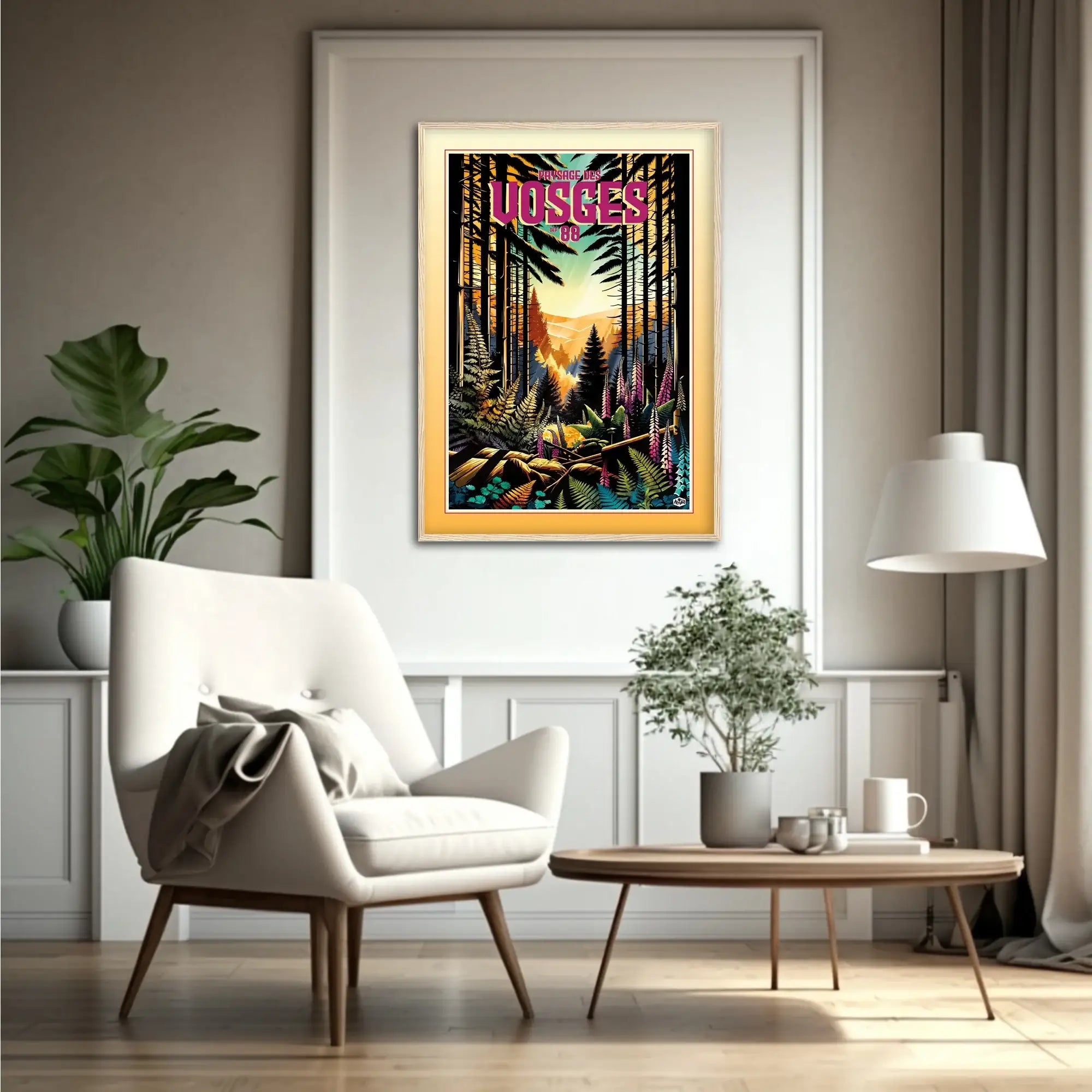 Affiche forêt des Vosges « Forêt en lumière », format 50x70 cm avec cadre en bois, décoration intérieure naturelle