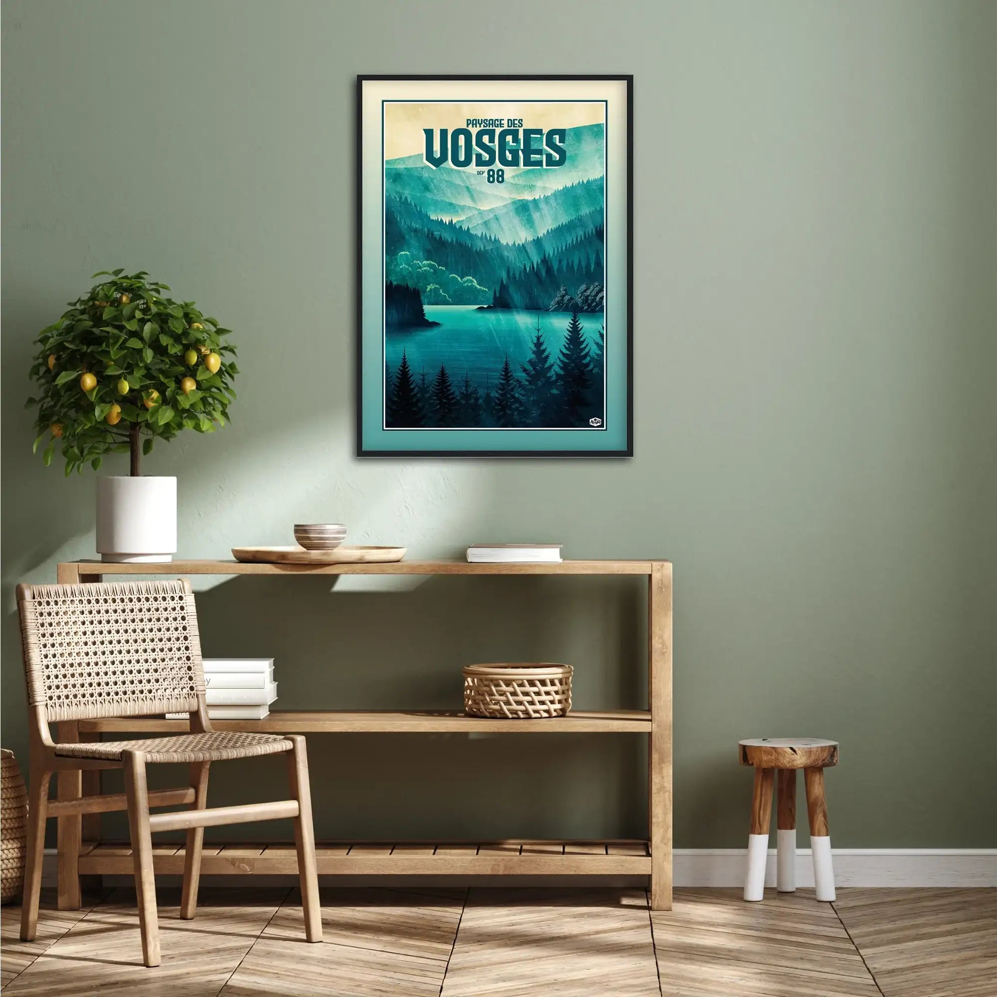 Affiche forêt des Vosges « Lacs et montagnes », format 50×70 cm avec cadre noir, décoration murale naturelle et contemporaine