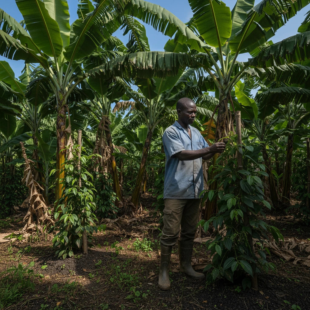 Producteur camerounais observant un plant de poivre blanc de Penja au cœur d’une plantation ombragée par des bananiers sur sol volcanique riche en minéraux.