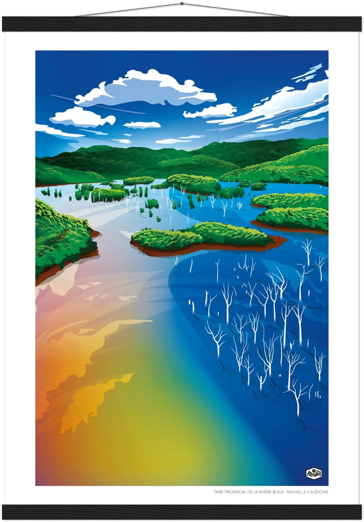 Affiche Nouvelle-Calédonie « La forêt noyée » format 50×70 cm suspendue avec baguettes noires – vue produit sur fond neutre