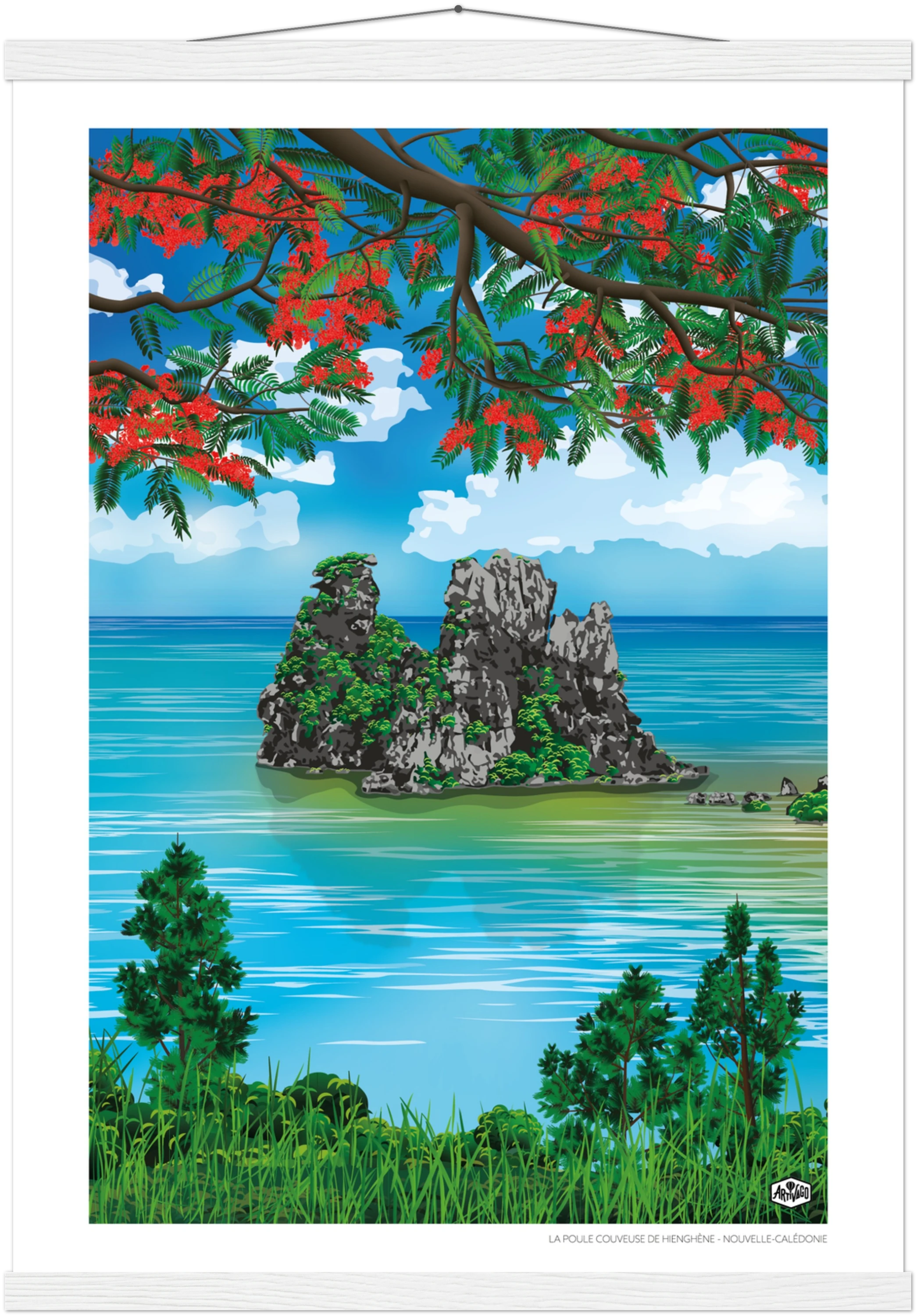 Affiche Nouvelle-Calédonie « La poule couveuse de Hienghène » – format 50×70 cm avec baguettes de suspension blanches – vue produit