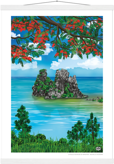 Affiche Nouvelle-Calédonie « La poule couveuse de Hienghène » – format 50×70 cm avec baguettes de suspension blanches – vue produit