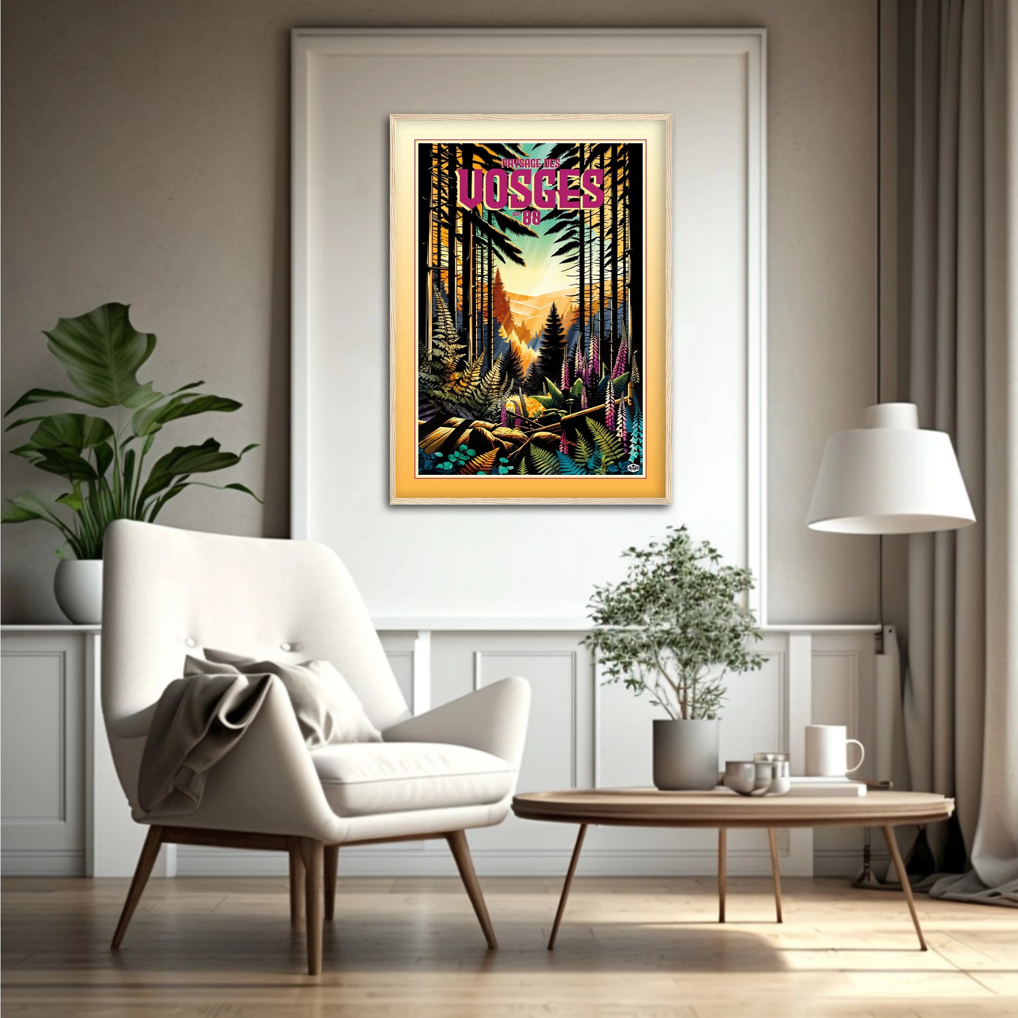 Affiche forêt des Vosges « Forêt en lumière », format 50x70 cm avec cadre en bois, décoration intérieure naturelle