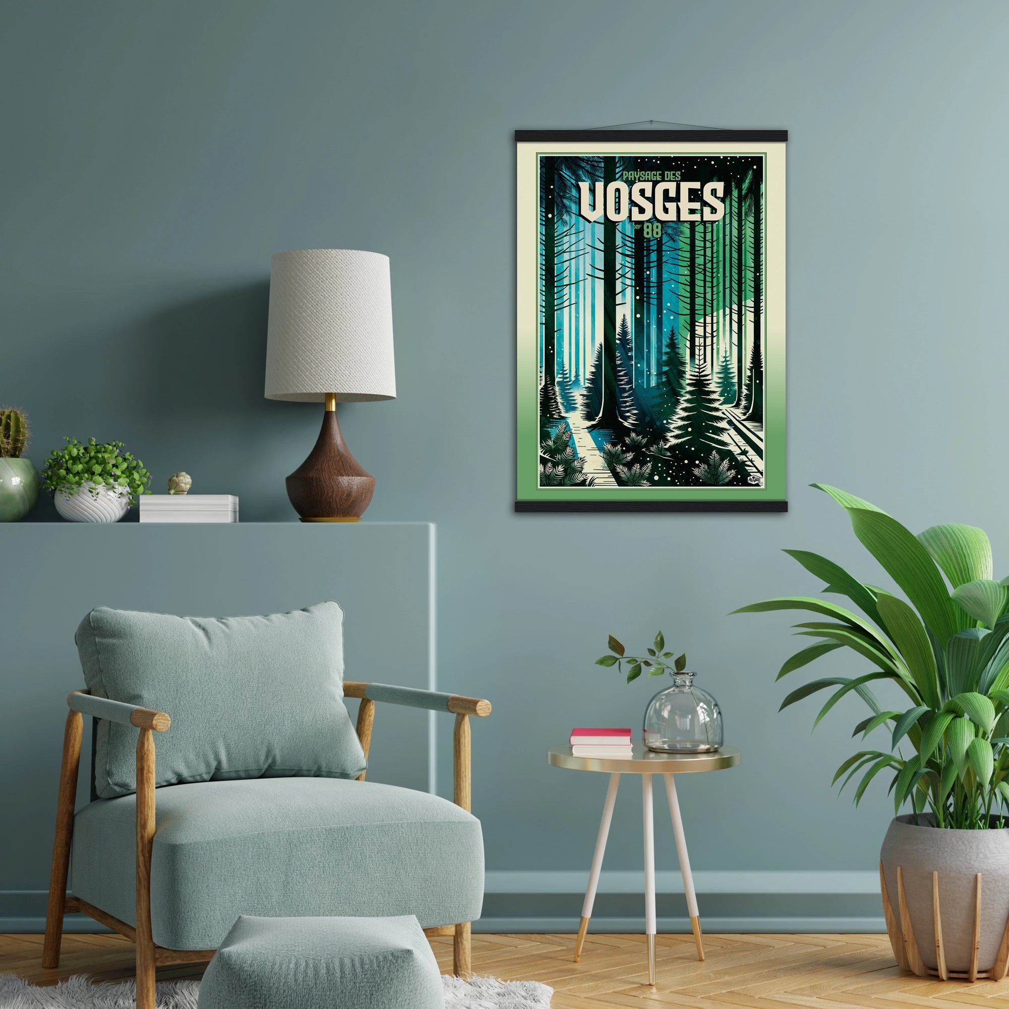 Affiche forêt des Vosges « Forêt enneigée », format 50×70 cm suspendue avec baguettes noires, dans un coin lecture coloré et moderne à la décoration végétale