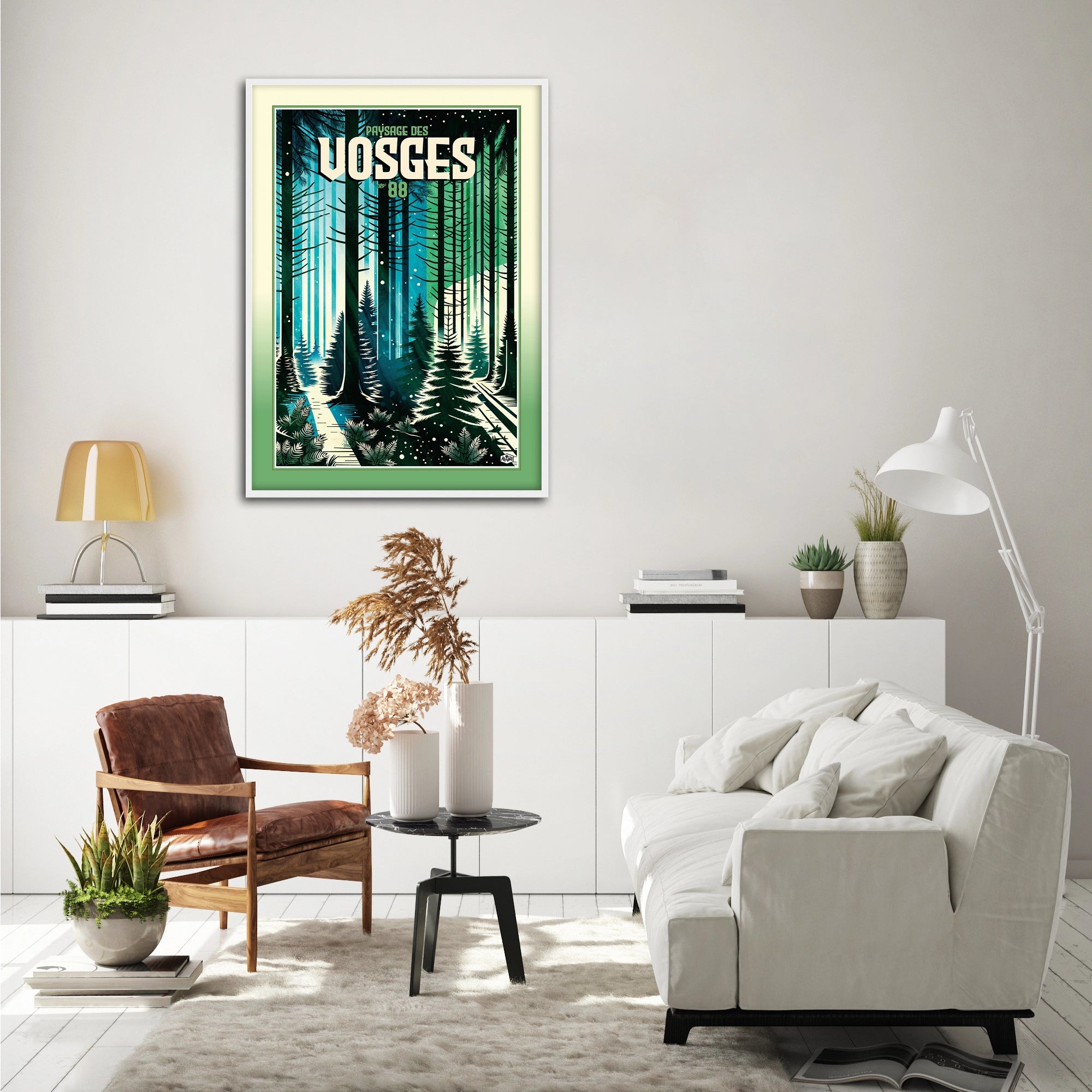 Affiche forêt des Vosges « Forêt enneigée », format 50×70 cm avec cadre blanc, accrochée dans un salon lumineux à la décoration scandinave et épurée