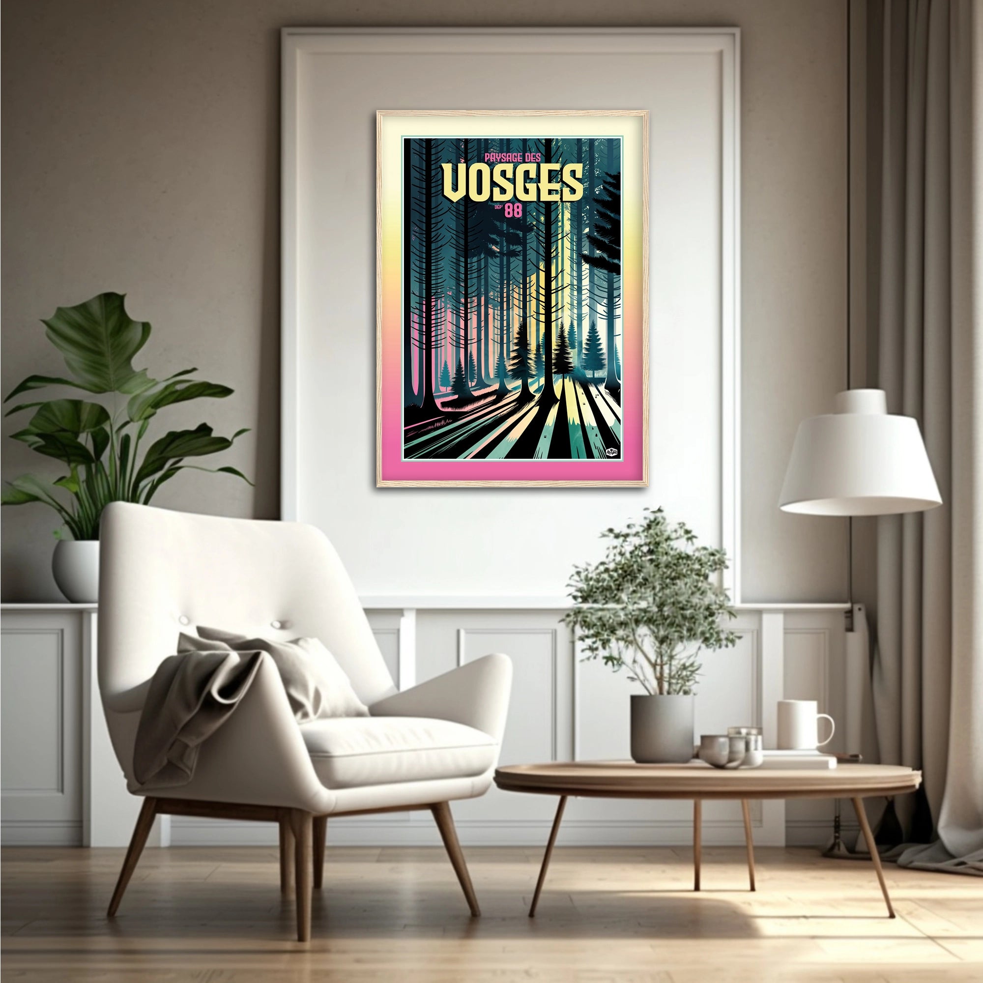 Affiche forêt des Vosges « Lumières du crépuscule », format 50×70 cm avec cadre en bois, décoration intérieure naturelle
