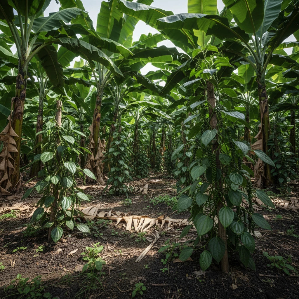 Plantation de poivre blanc de Penja au Cameroun, cultivée entre les bananiers dans un sol volcanique fertile, typique de la vallée de Penja.