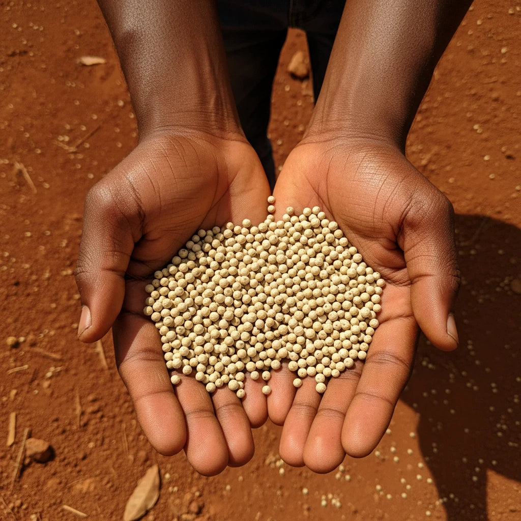 Mains tenant des grains de poivre blanc de Penja sur une terre rouge du Cameroun, symbole du terroir volcanique africain.