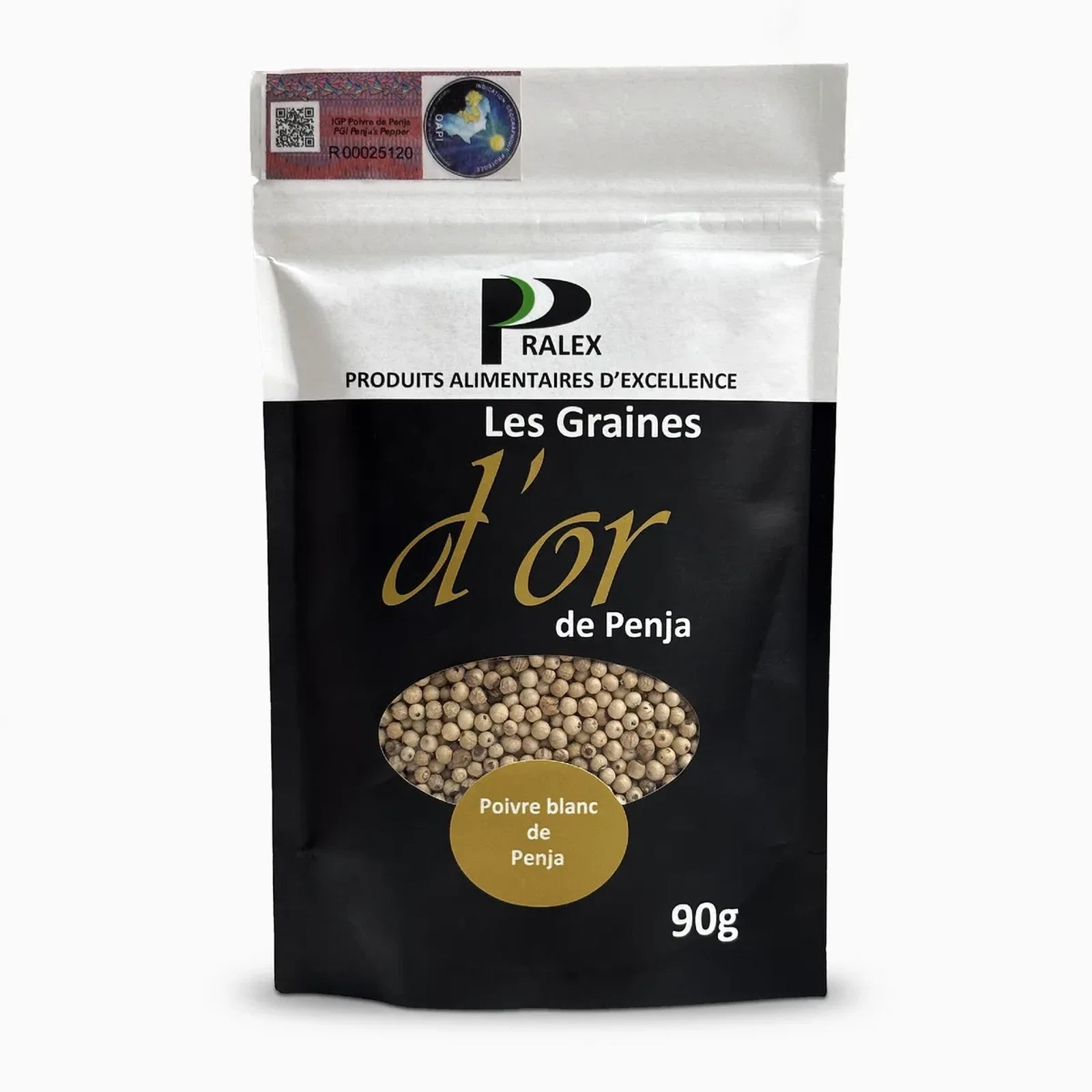 Poivre blanc de Penja IGP 90 g dans son sachet noir et blanc, produit authentique du Cameroun