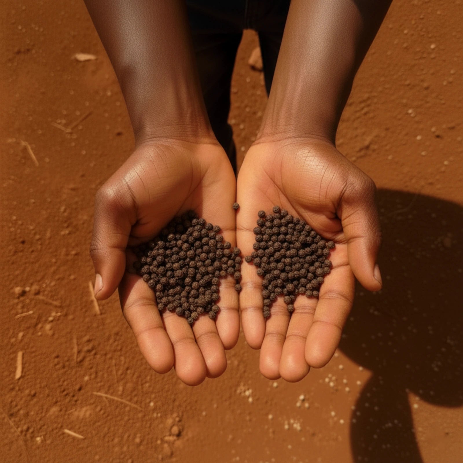 Mains tenant des grains de poivre noir de Penja sur une terre rouge du Cameroun, symbole du terroir volcanique africain.